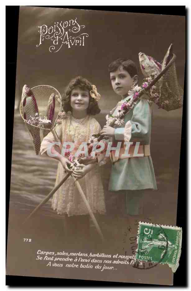 Zwei Kinder in Fischer-Outfits — April-Fische — unbekannter Verleger, Nr. 772
