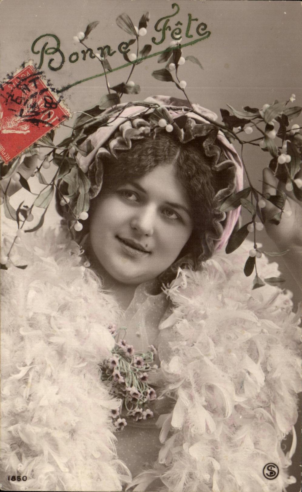 Femme en couronne de gui — Bonne Fête — Série 1850, éditeur S