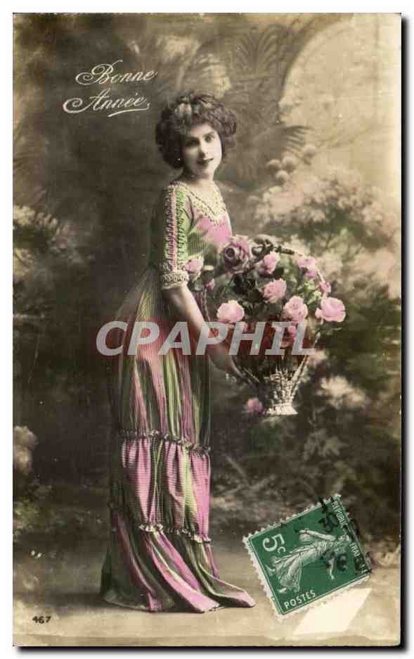 Femme en robe colorée tenant un panier de roses — Bonne Année — Rostes, n°467