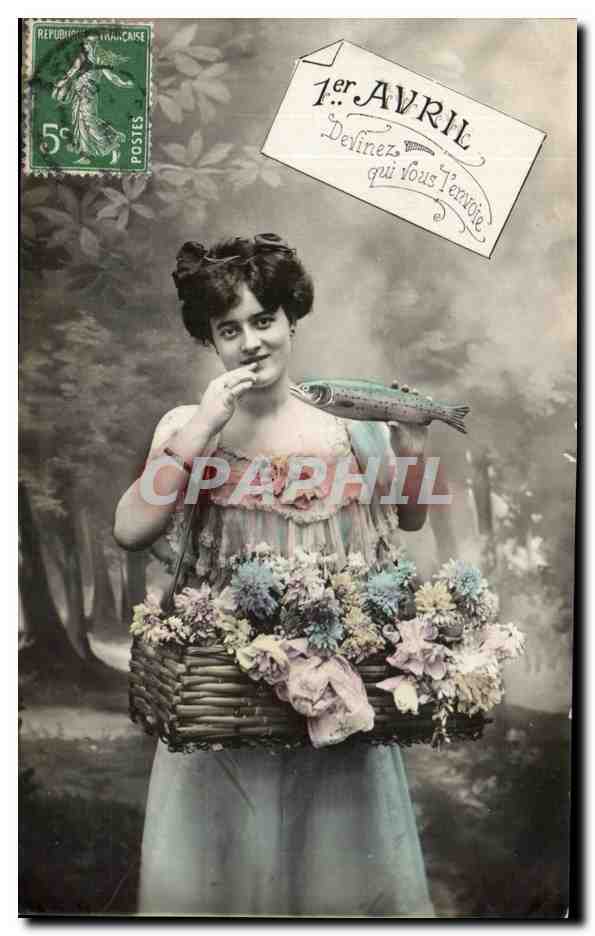 Femme avec panier de fleurs et poisson — 1er AVRIL — Délinéez qui vous l'envoie — République Française 5c