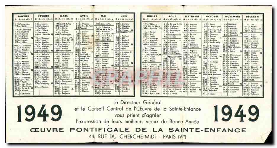 Calendrier 1949Sa saintete Pie XII  — Rückseite