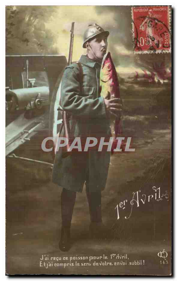 CPA Fantaisie Homme Militaria 1er avril Canon 