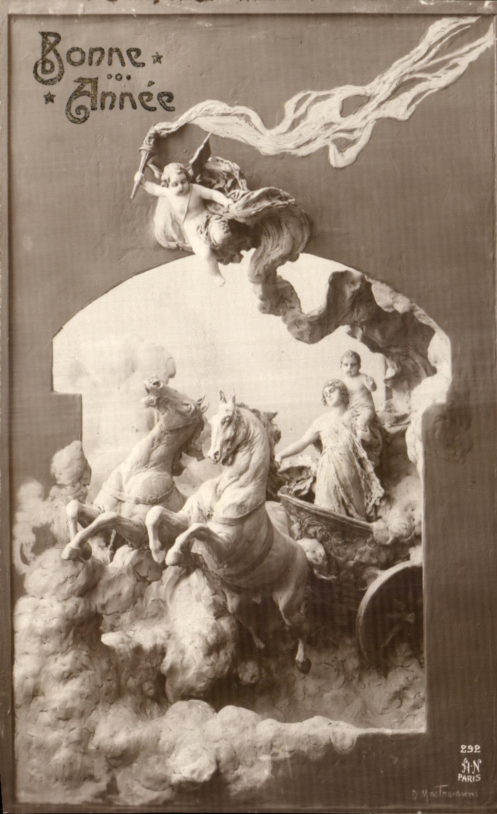 CPA Fantaisie Femme Char Chevaux Ange