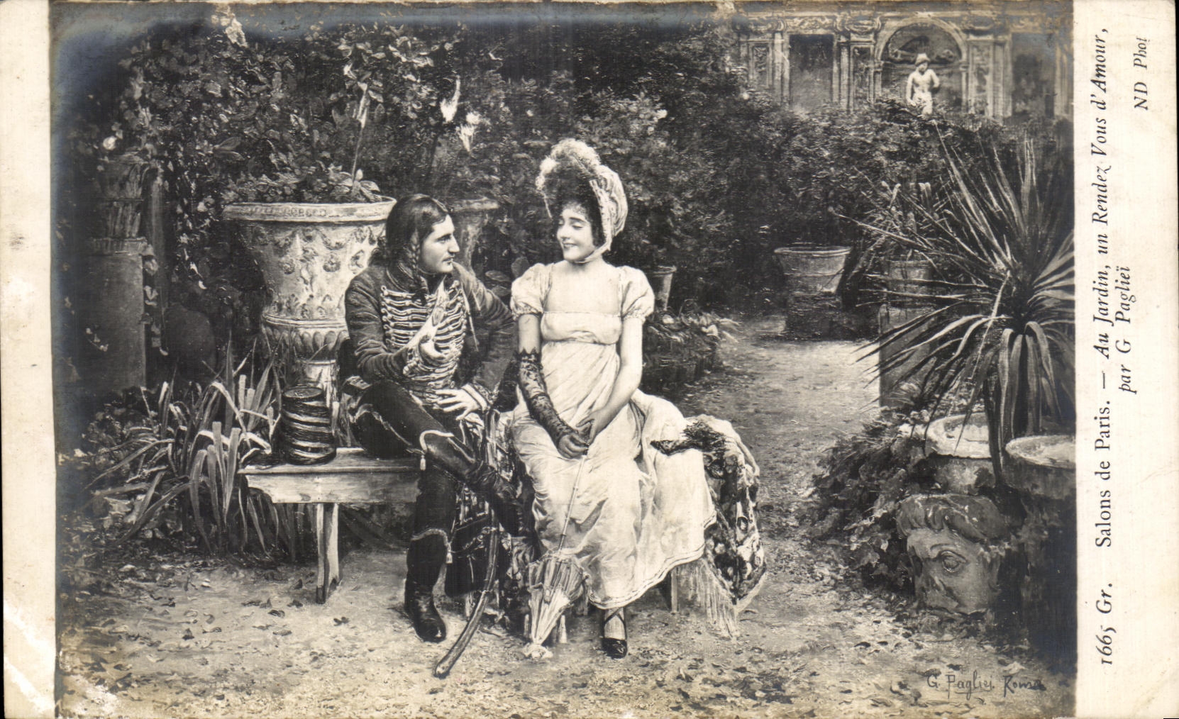 CPA Fantaisie Salons de Paris Au jardin un rendez vous d'amour par Pagliei Militaria