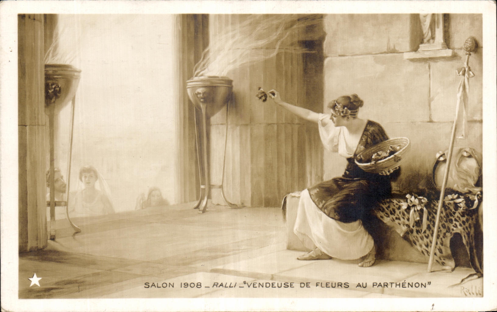 CPA Fantaisie Femme Salon 1908 Ralli Vendeuse de fleurs au Parthenon Grece