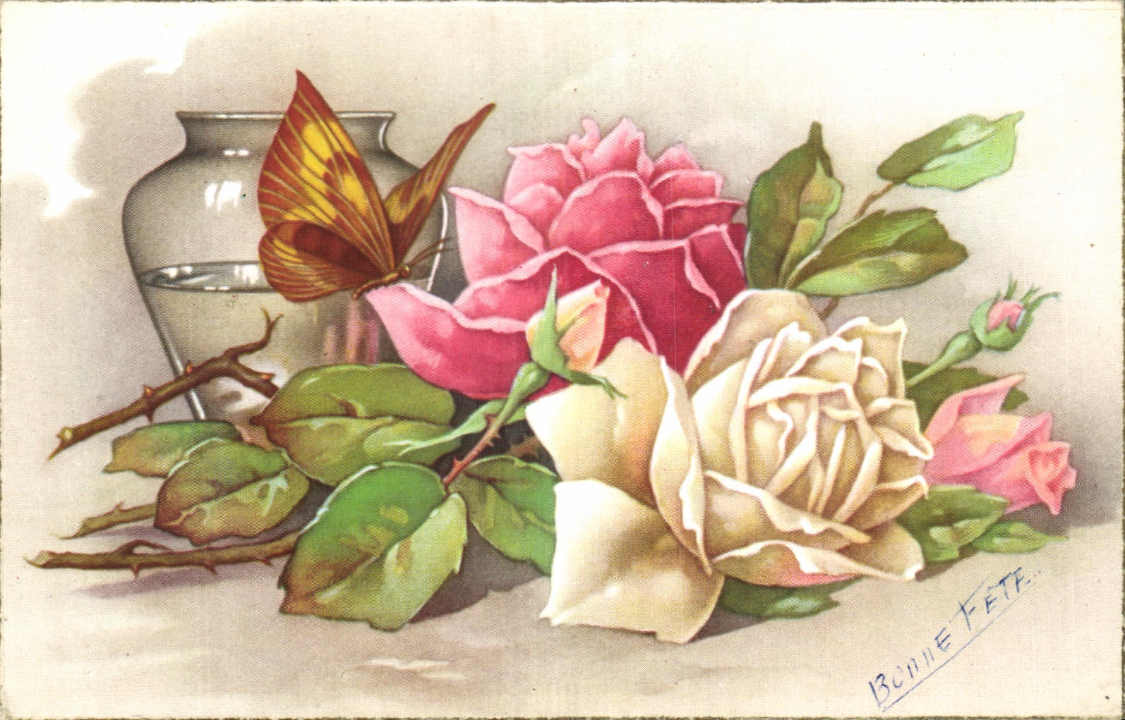 CPA Fantaisie Fleurs Papillon 