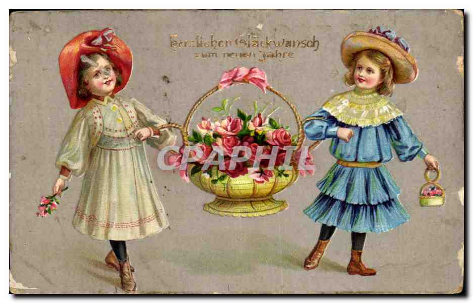 Zwei Mädchen mit einem Rosenkorb — Neujahrswünsche — Verlag unbekannt