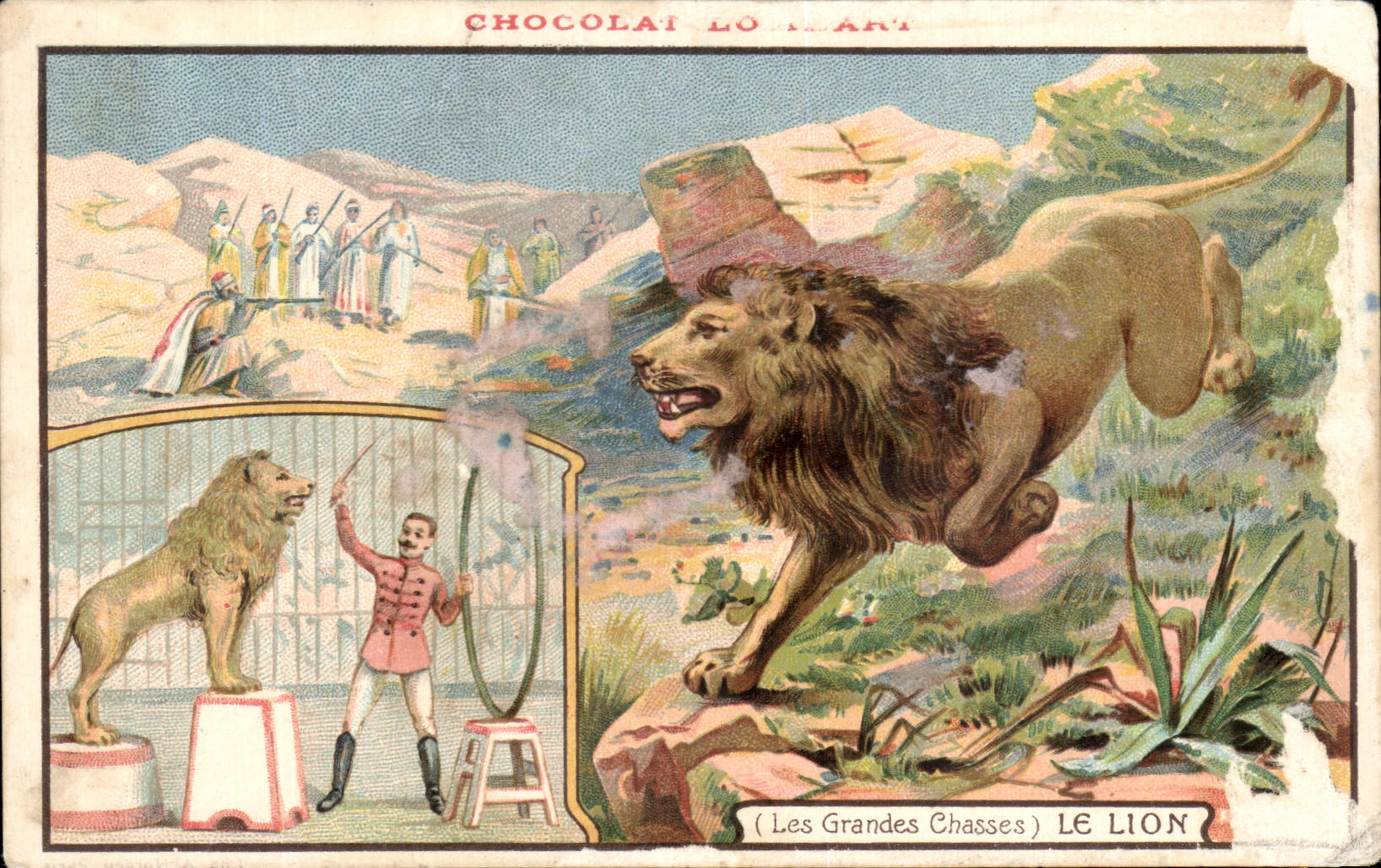 CPA Fantaisie Chocolat Lombart Les grandes chasses Le lion Dompteur Cirque 