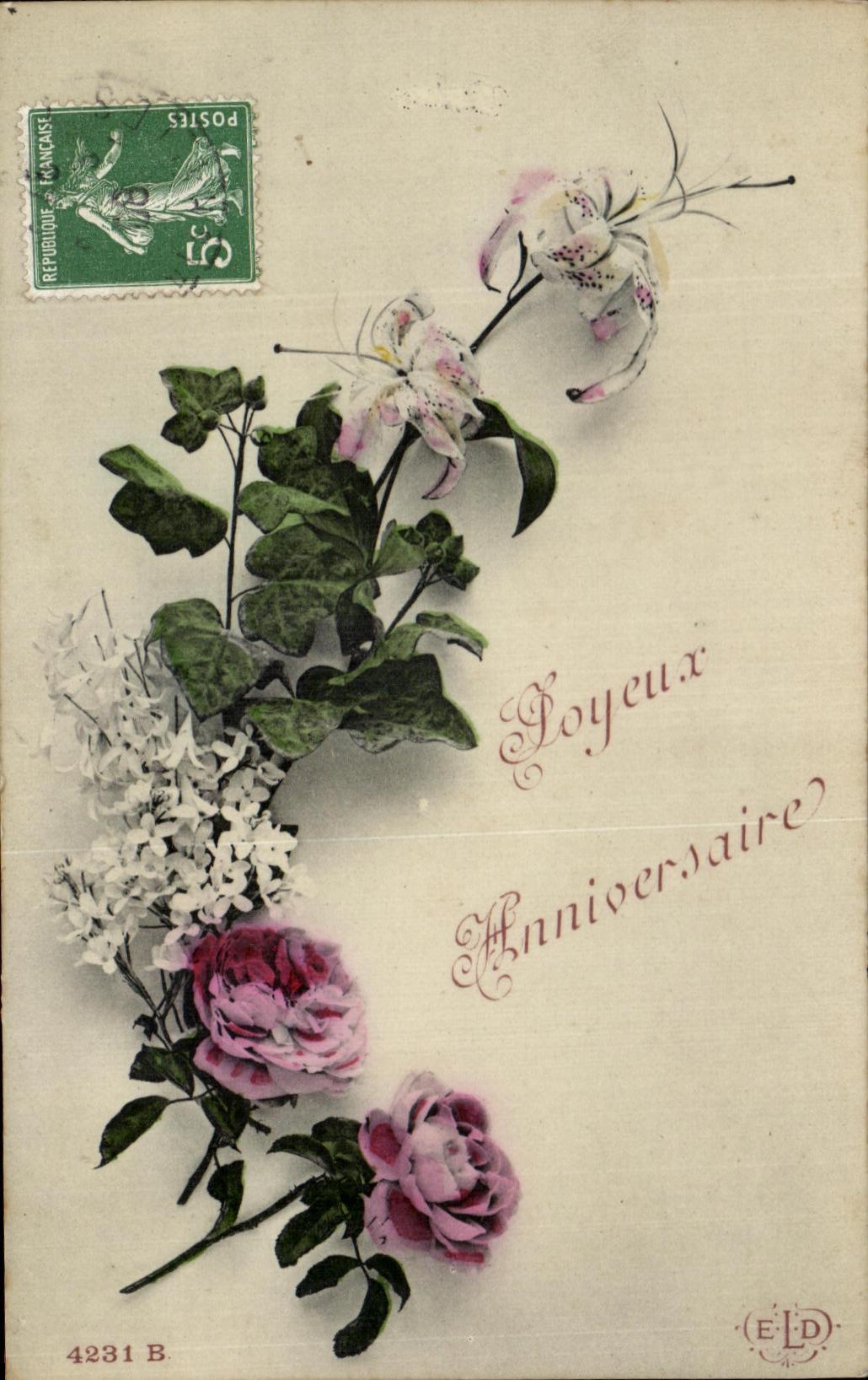 CPA Fantaisie Fleurs Anniversaire