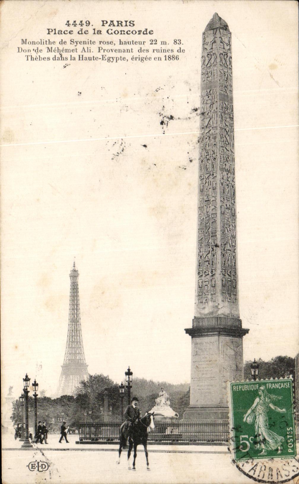 CPA Paris Place De La Concorde Tour Eiffel cheval
