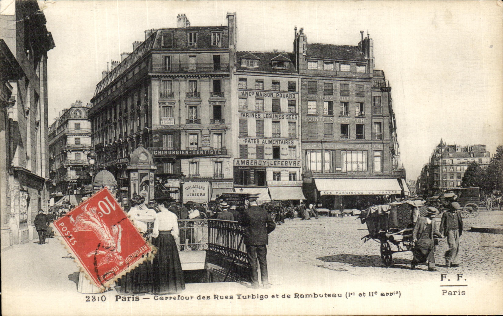 Cartolina d'epoca Parigi Incrocio delle Strade Turbigo e Rambuteau Metro