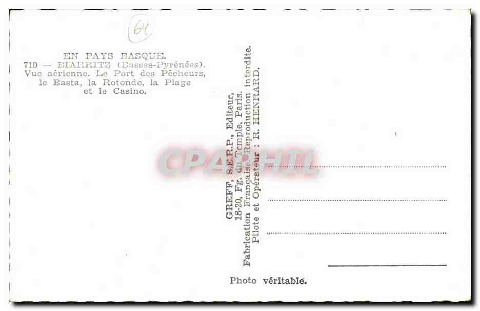Biarritz — Vue aérienne du Port des Pêcheurs, la Rotonde et le Casino — Greff, éditeur — Verso