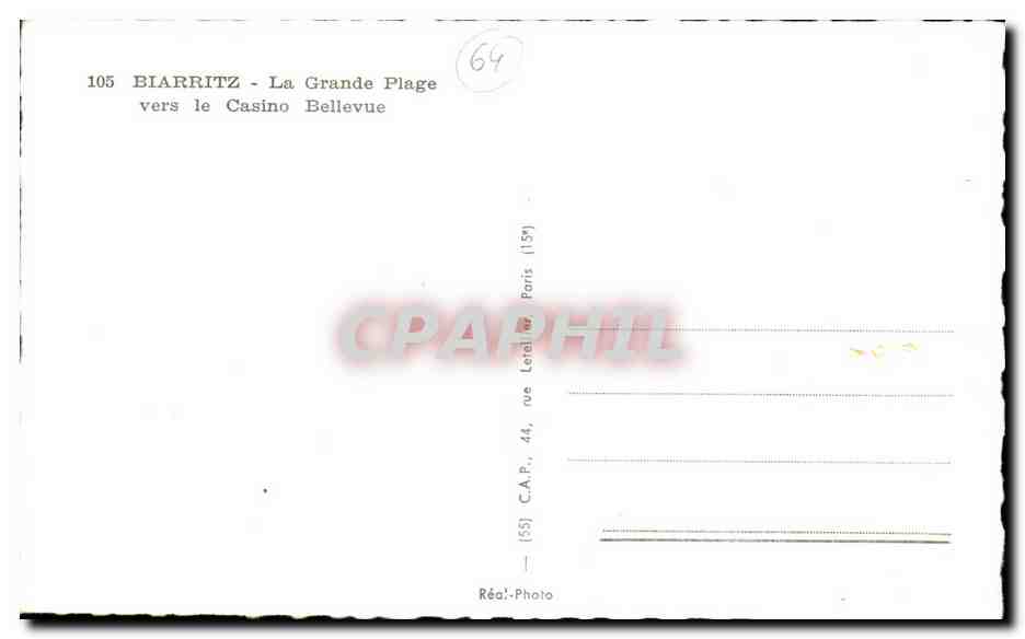 CPA Blarritz la Crande Plage Vers le Casino Bellevue — Verso