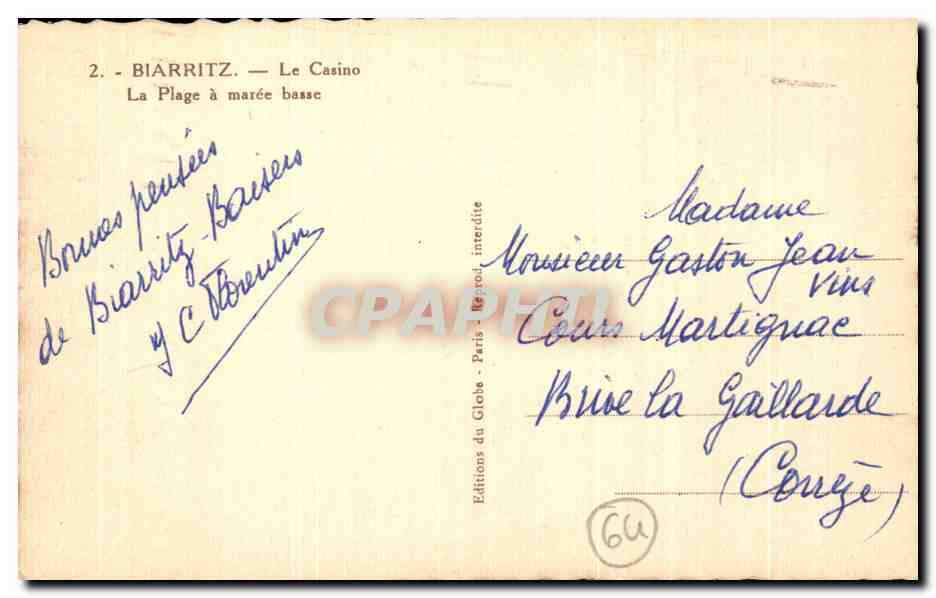 CPA Biarritz Le Casino La Plage a Maree Basse — Verso