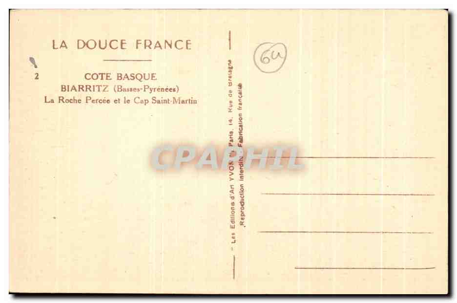 La Roche Percée et le Cap Saint-Martin — Biarritz (Basses-Pyrénées) — Éditions d'Art YVON, Paris — Rückseite