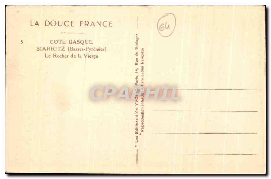 CPA La Douce France Cote Basque Biarritz Le Rocher De La Vierge — Verso