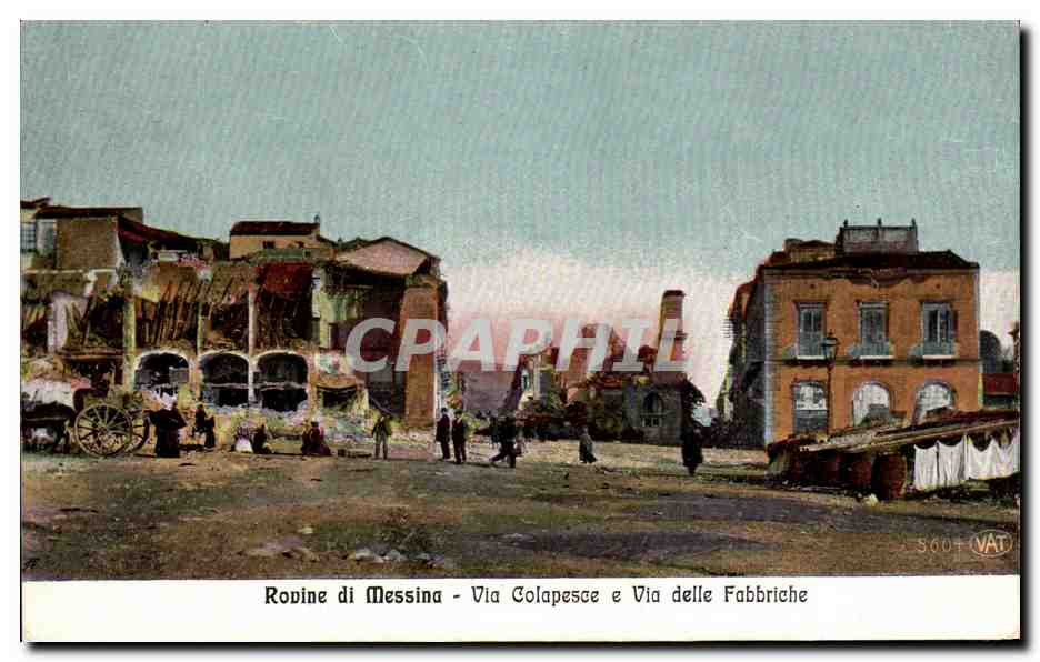 CPA Italie rovine di messina Via olapesce e Via delle Fabbriche 