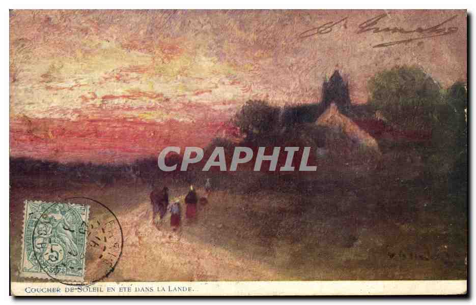 CPA Coucher de soleil en ete dans la lande 