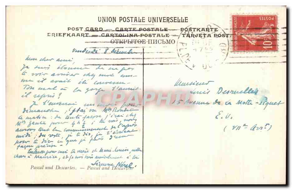 PARIS — La Sorbonne — Pascal et Descartes — Chartran — LL. — Rückseite