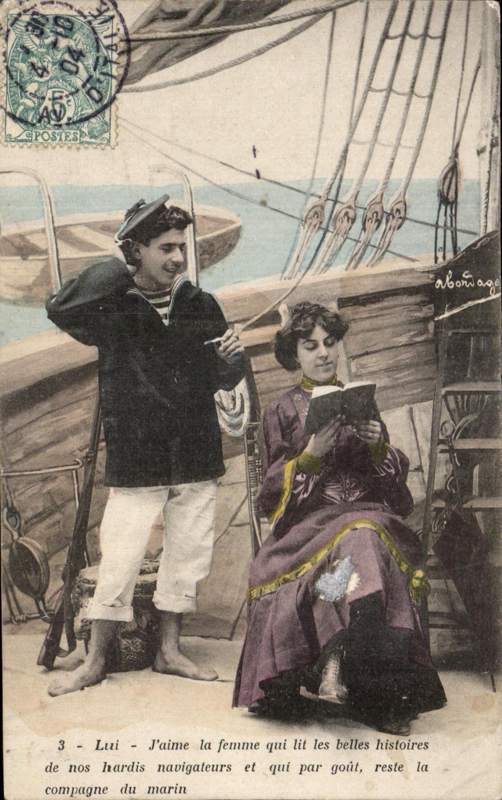 Tarjeta postal antigua Fantasía Mujer y marinero