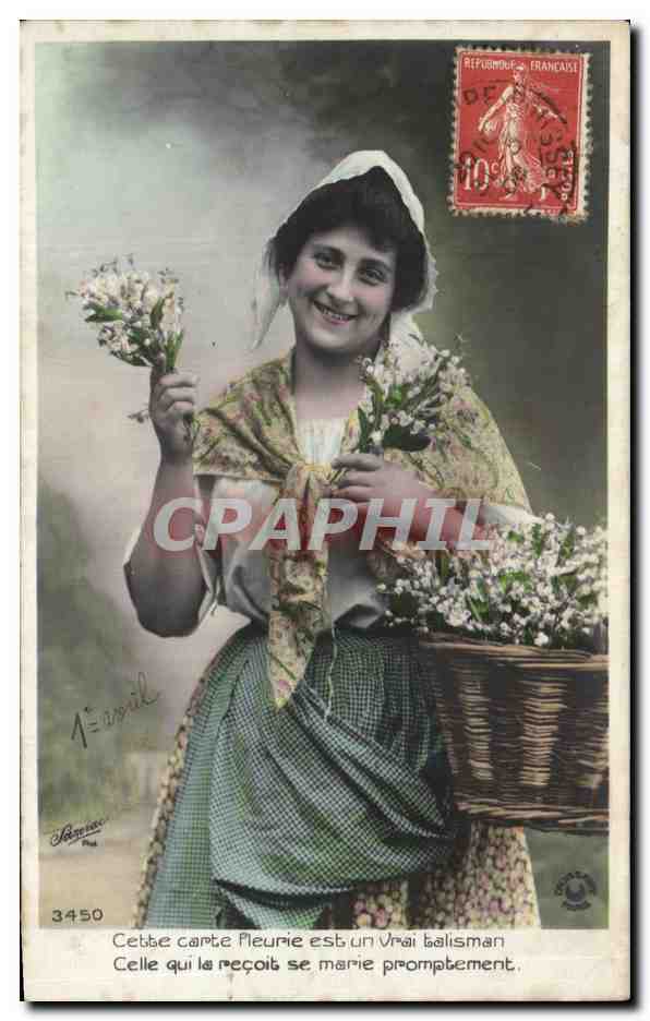 Lächelnde Blumenverkäuferin — 1. April — Verlag Bérenger, Nr. 3450