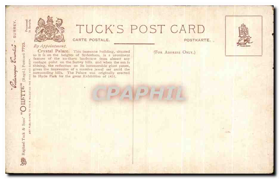Crystal Palace — Vue pittoresque de Surrey — Tuck's Post Card n°7723 — Achterkant