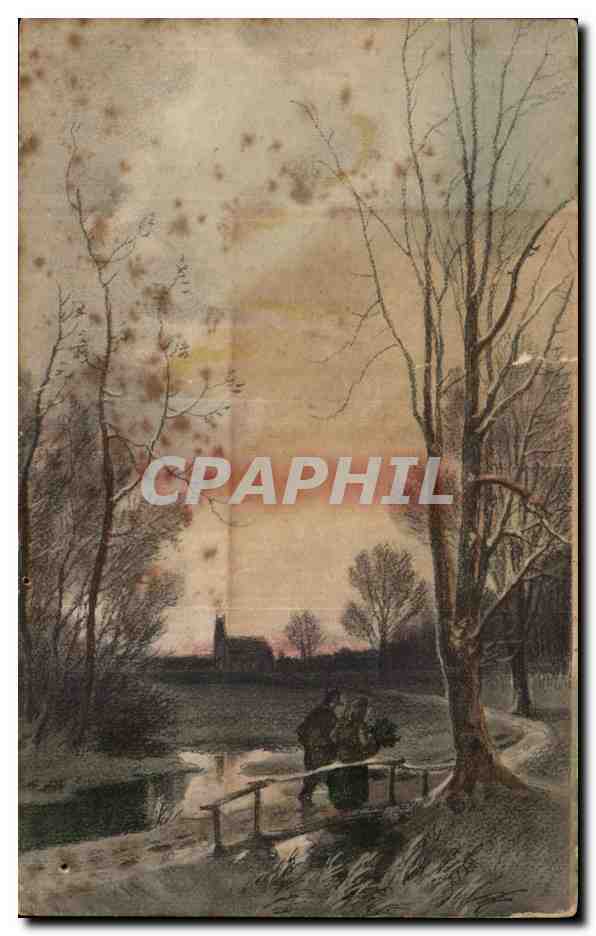 Deux personnes sur un pont — paysage hivernal avec église au loin — M.M. Vienne & M. Munk, n° 621