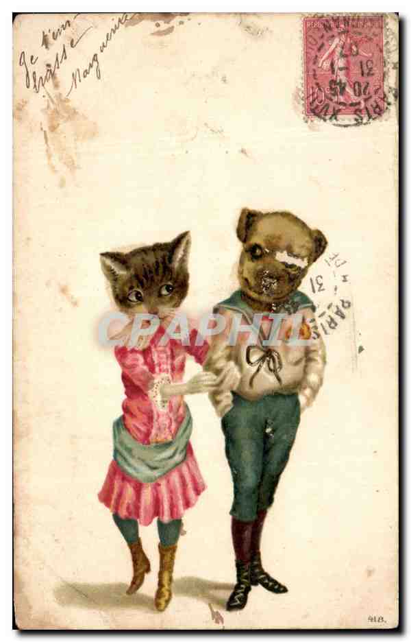 CPA Fantaisie Chien et chat 