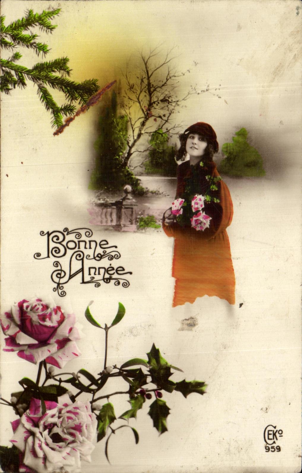 Femme en robe orange tenant des fleurs — Bonne Année — CEK° 959