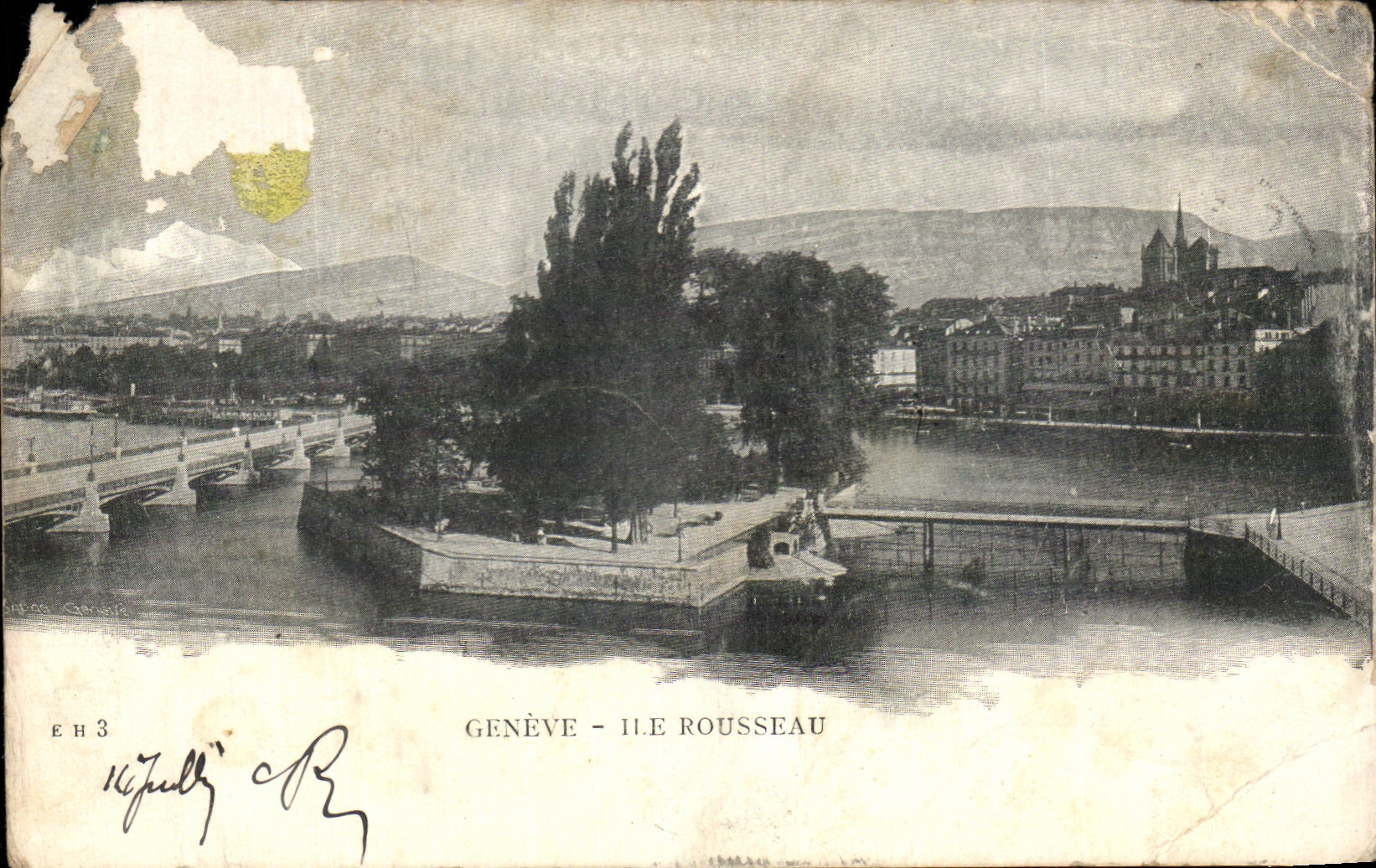 Genève - Île Rousseau — vue du Rhône et du château, éditeur E.H.3