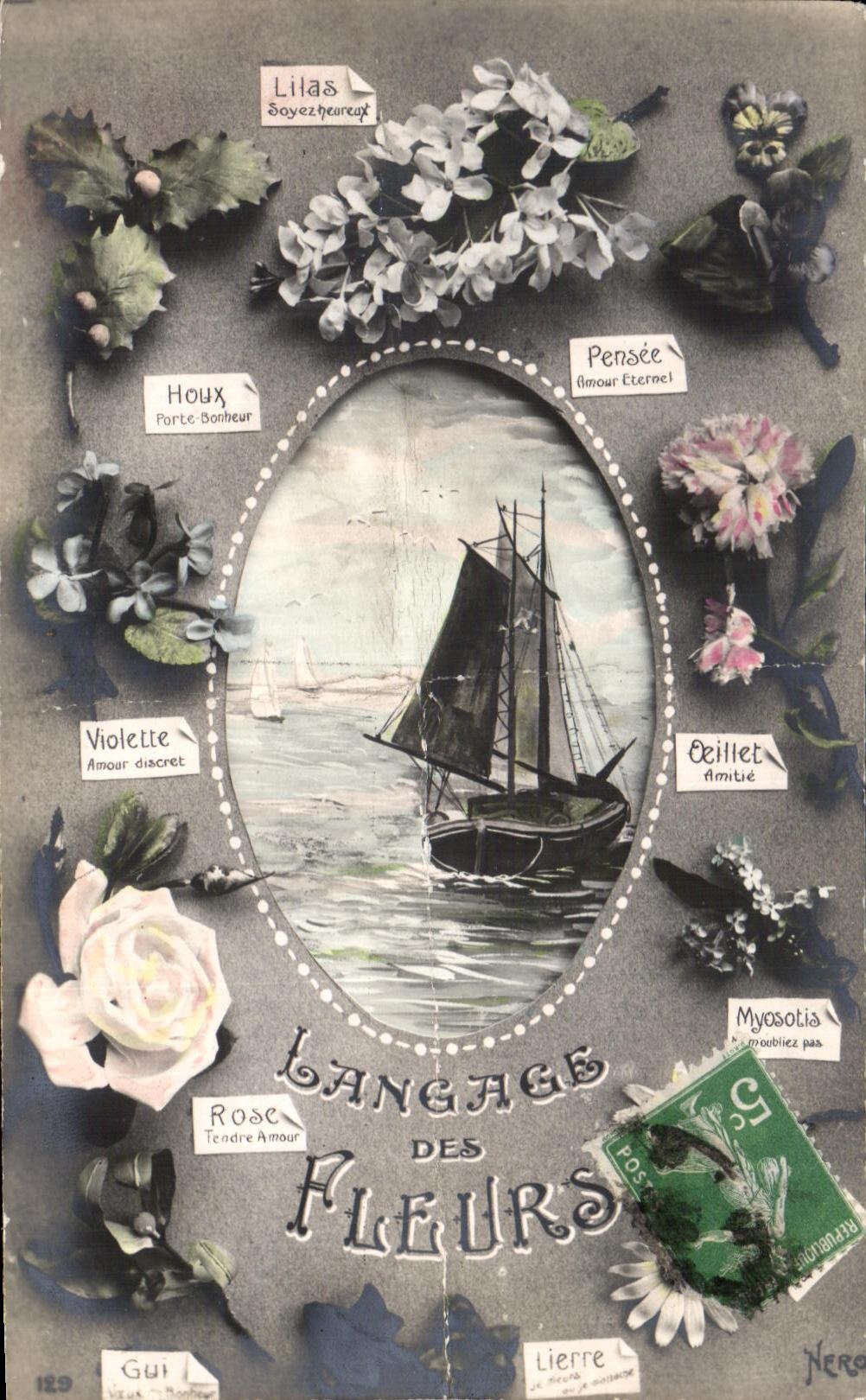 CPA Fantaisie Langage des fleurs Bateau Lilas pensee Violette Myosotis