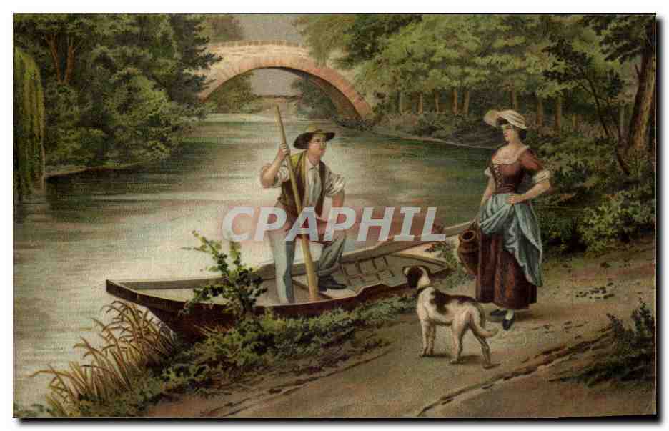 CPA Fantaisie Femme au bord de l'eau Chien Scene galante