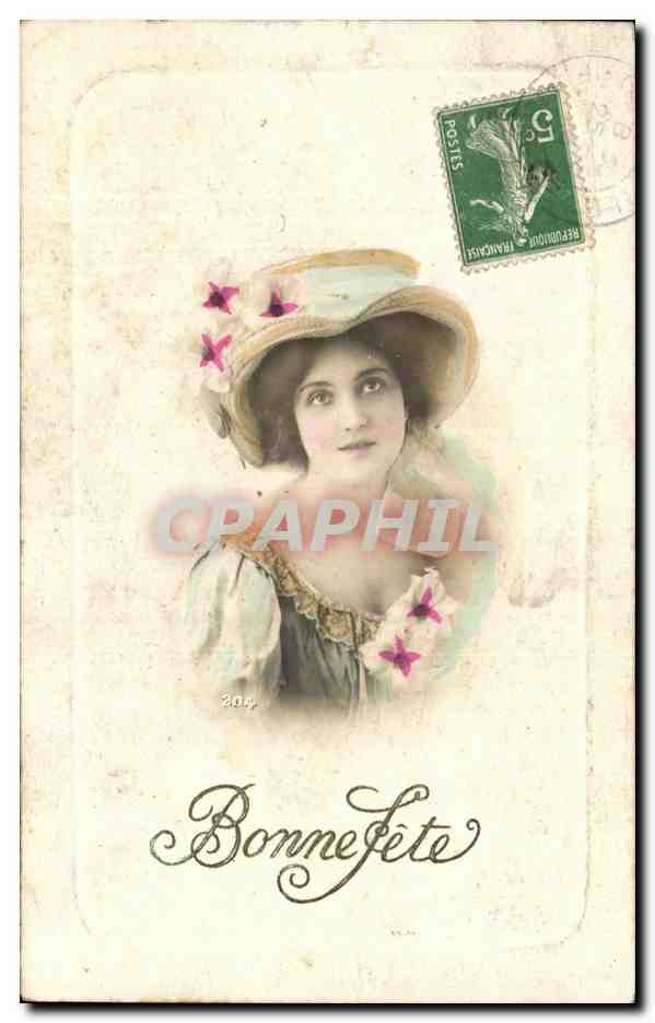 Jeune femme en chapeau décoré — Bonne fête — CPAPHIL 204