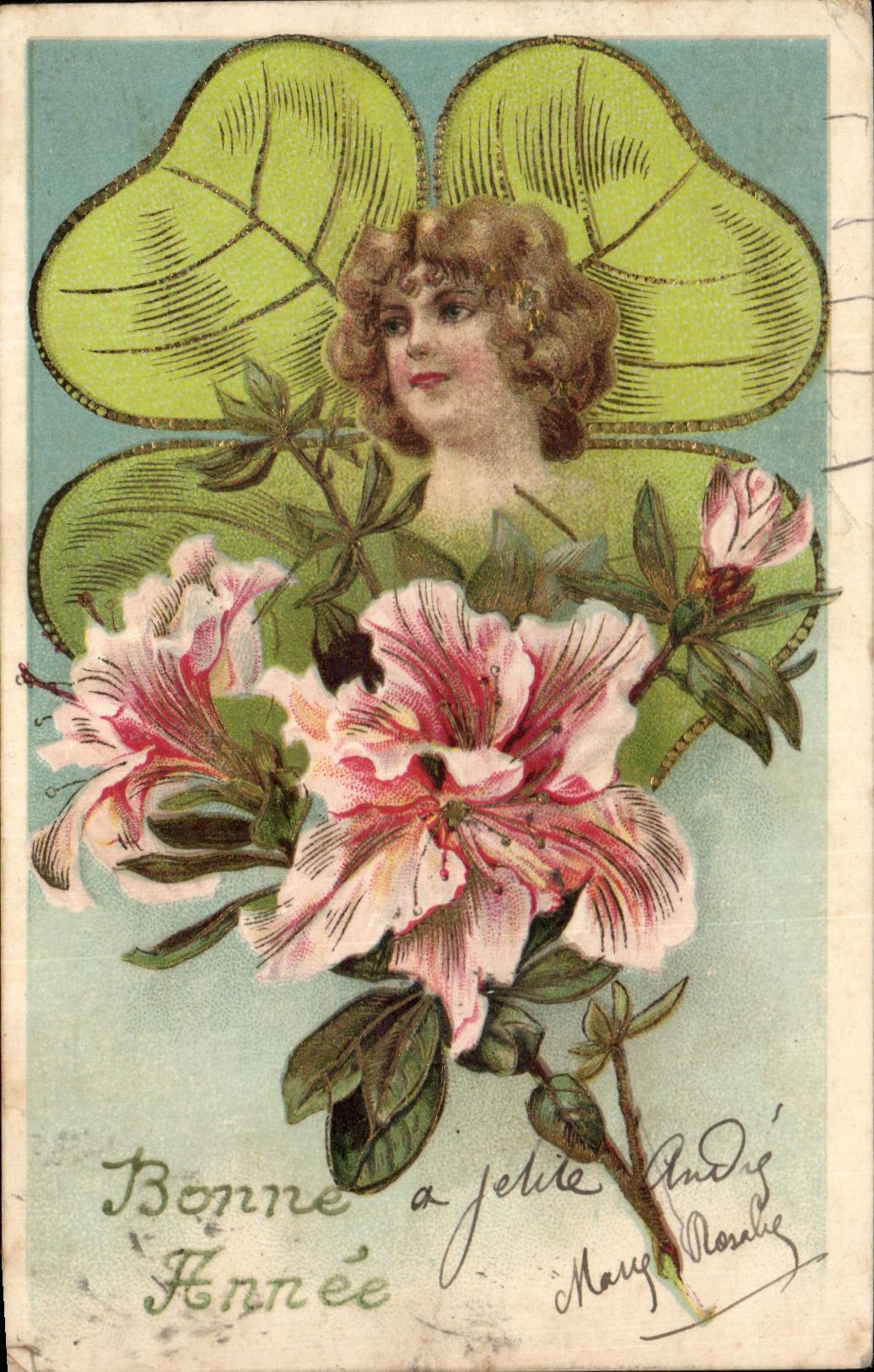 CPA Fantaisie Femme Trefle Fleurs
