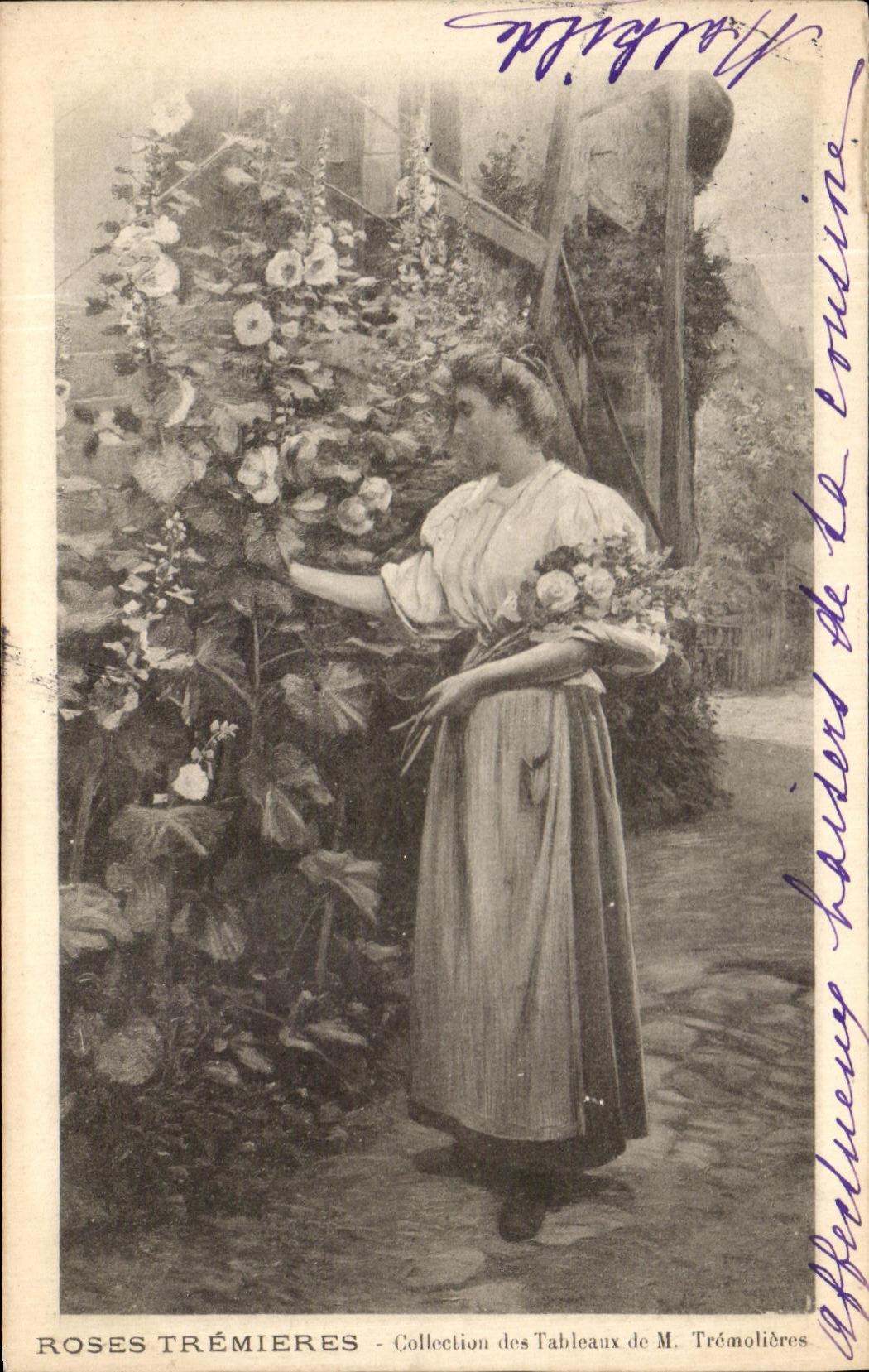 CPA Fantaisie Femme Roses tremieres Tremolieres 