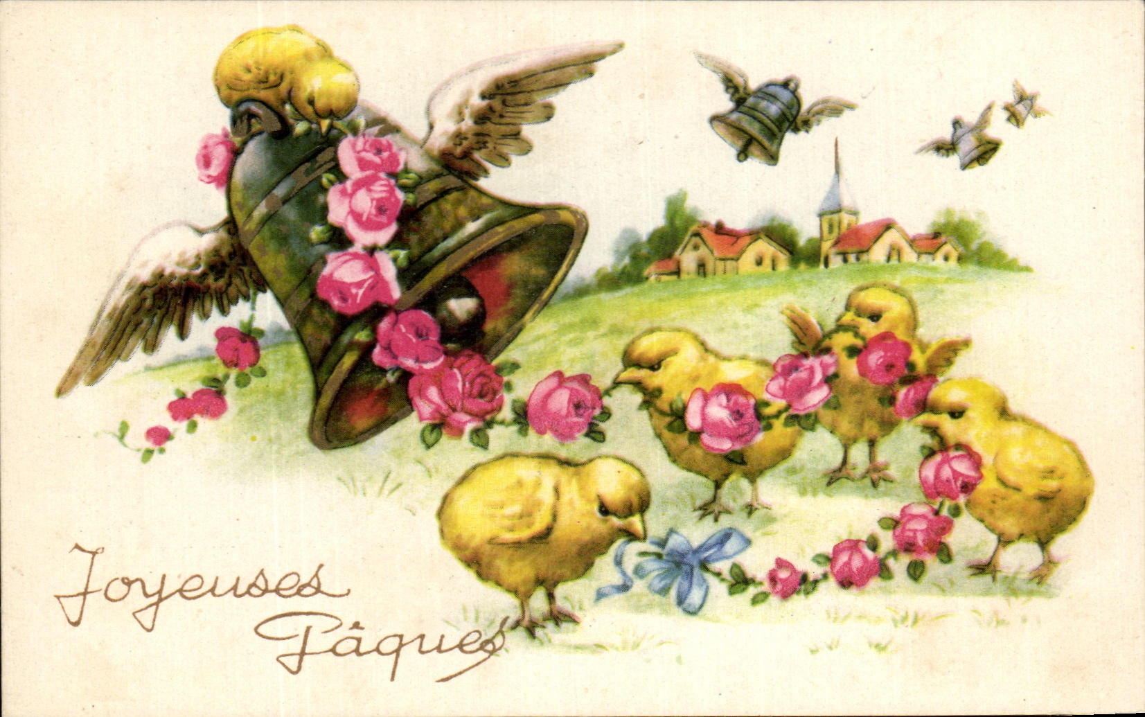 CPA Fantaisie Paques Poussins Cloche 