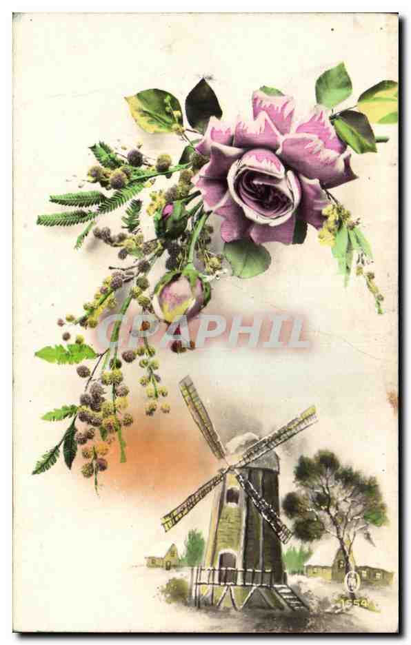 CPA Fantaisie Fleurs Moulin 