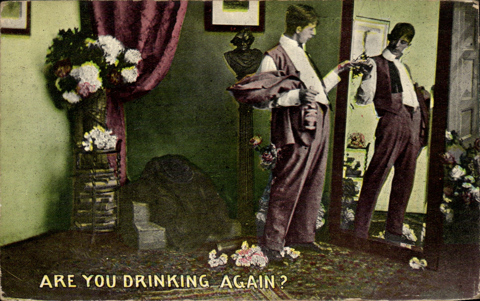 Homme devant un miroir — scène de dépendance — éditeur D. Selby, série 82