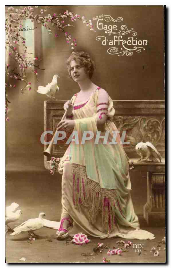 Femme en robe colorée avec colombes — Gage d'affection — éditeur DIX n°17