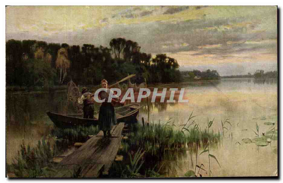 Scène lacustre — pêcheurs à la pêche — éditeur B. Genzmer, n° 2680