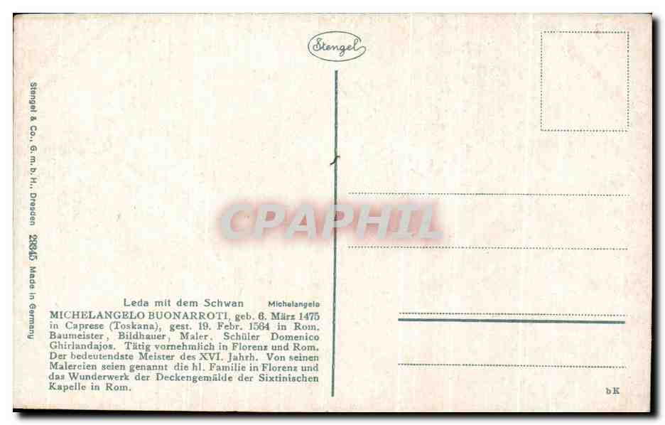 CPA Fantaisie Michelangelo Buuonarroti Leda mit dem Schwan Cygne  — Verso