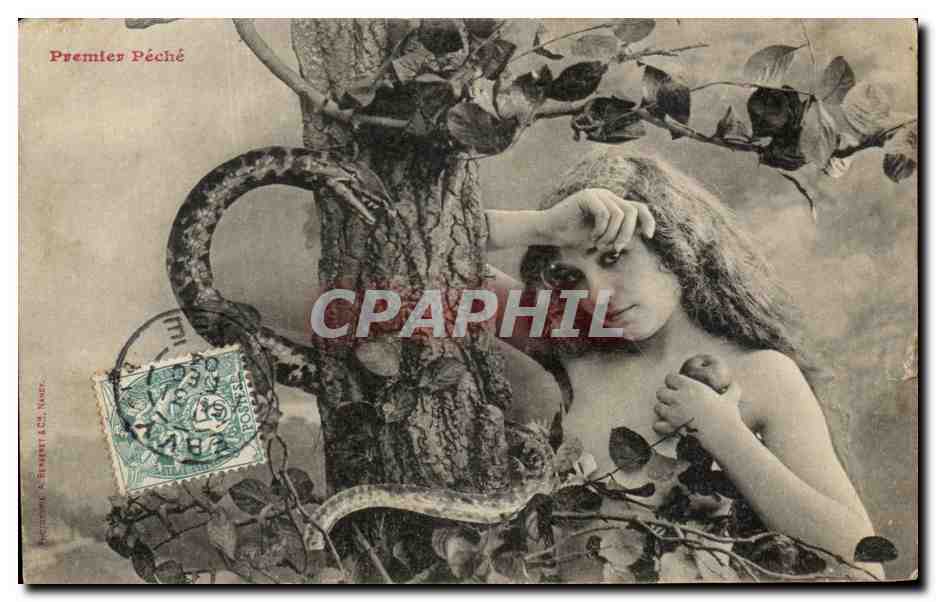 CPA Fantaisie Femme premier peche Serpent
