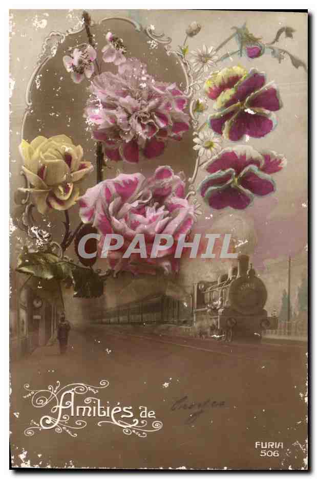 CPA Fantaisie Fleurs Train 