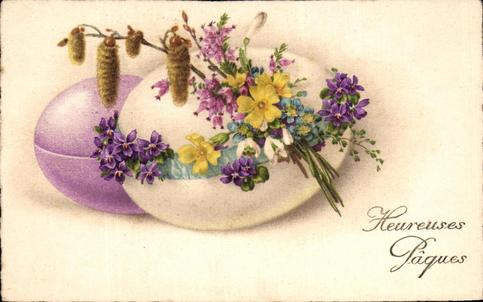 CPA Fantaisie Fleurs Paques oeufs
