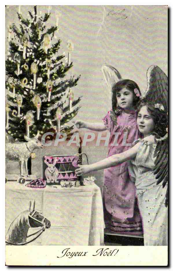 CPA Fantaisie Anges Noel Cheval Lapin 
