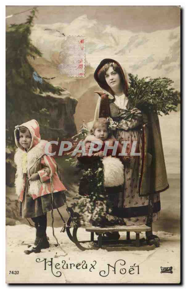 CPA Fantaisie Femme et enfants Luge Noel