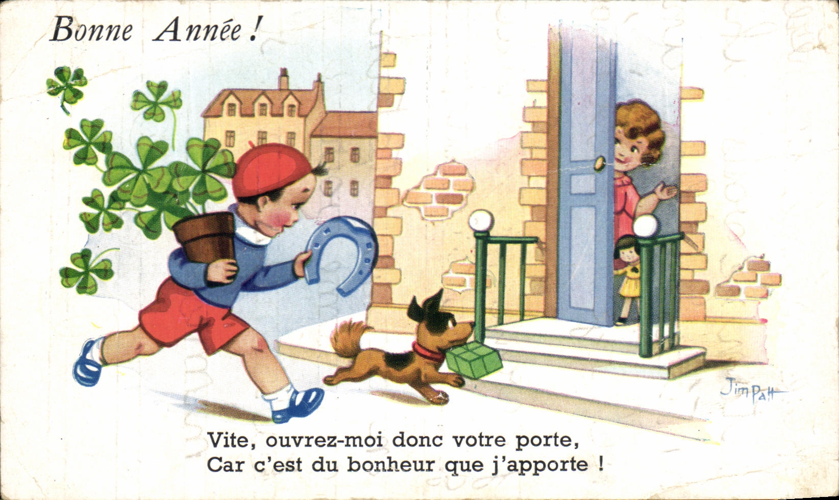 CPA Fantaisie Enfants Fer a cheval Chien