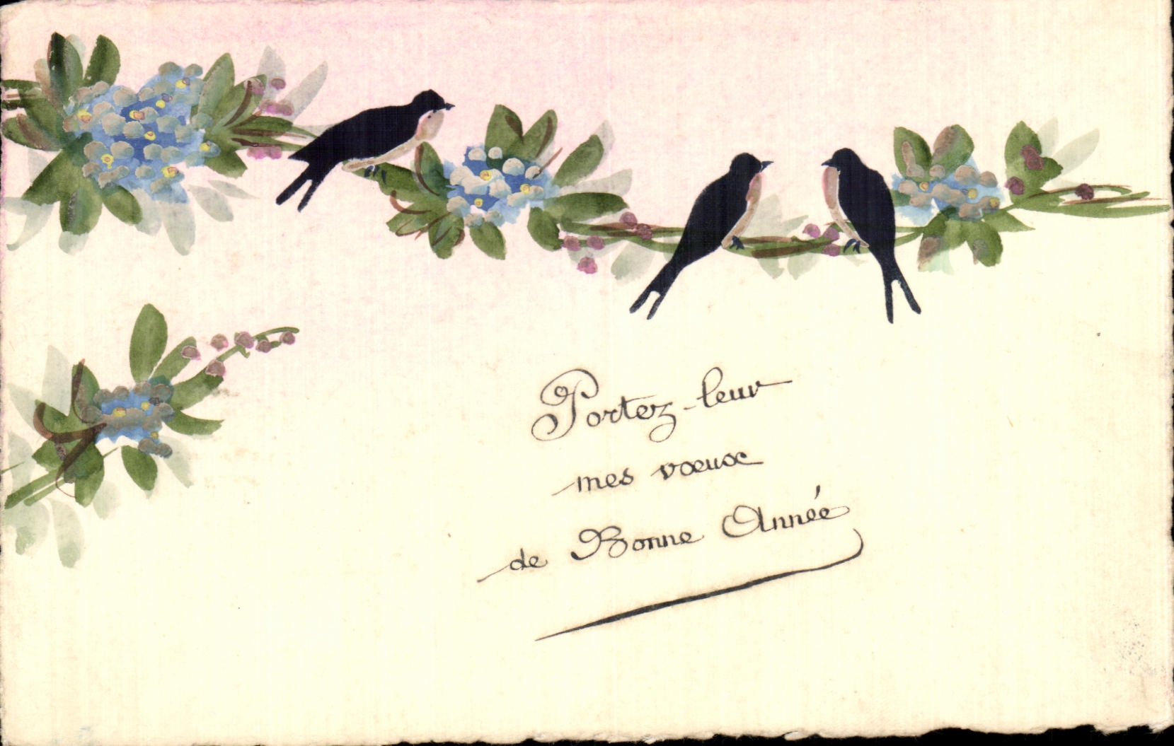 CPA Fantaisie Fleurs Hirondelles 