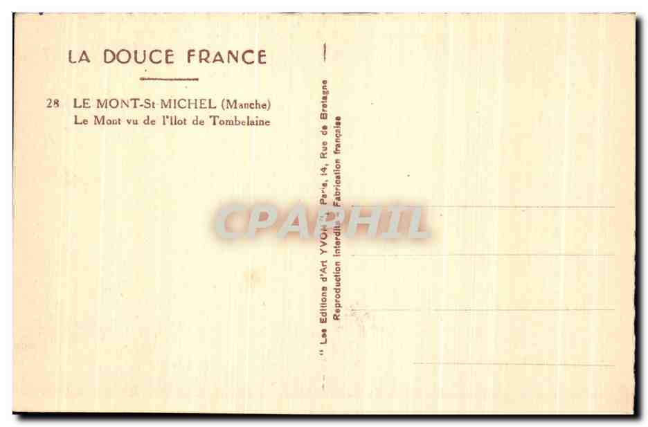 Le Mont-Saint-Michel — vu de l'îlot de Tombelaine — Éditions d'Art Yvon, Paris — Verso