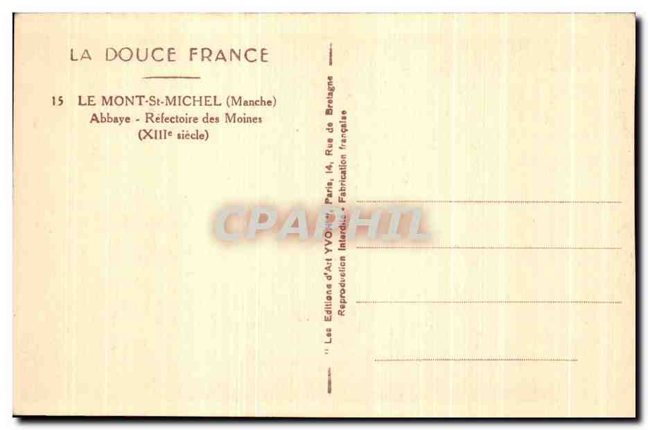 CPA La Douce France Le Mont St Michel Abbaye Refectoire Des Moines — Verso
